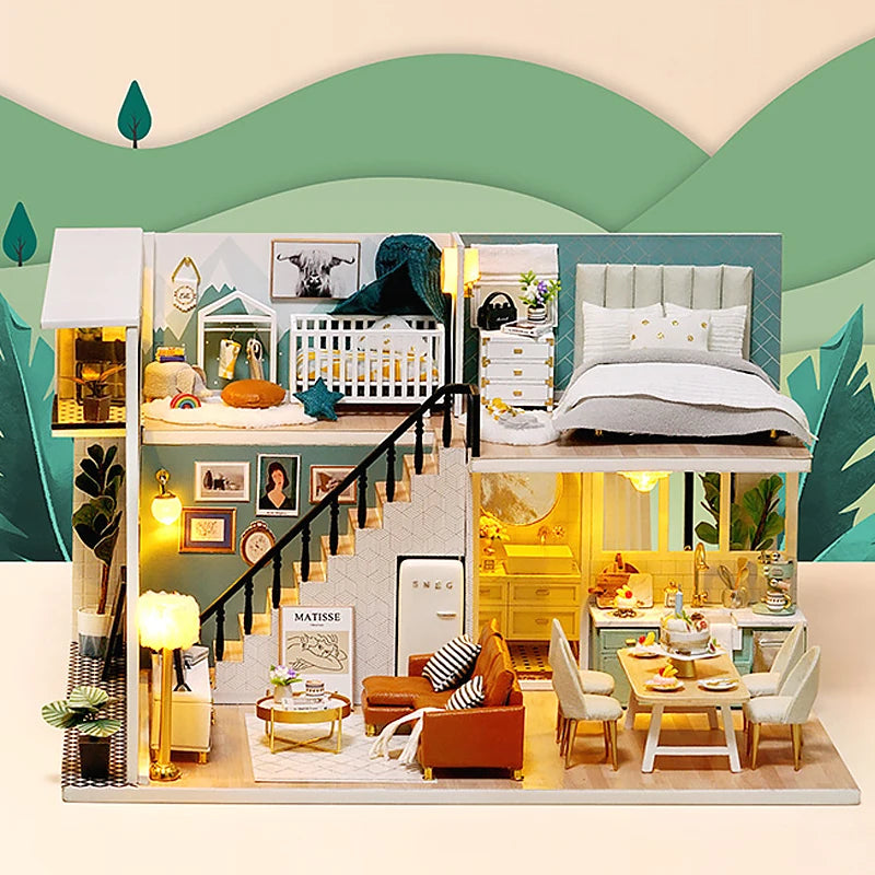 Doll House Kit 3D Wooden Mini DollHouse Assembly Building with Furniture Kit Toys