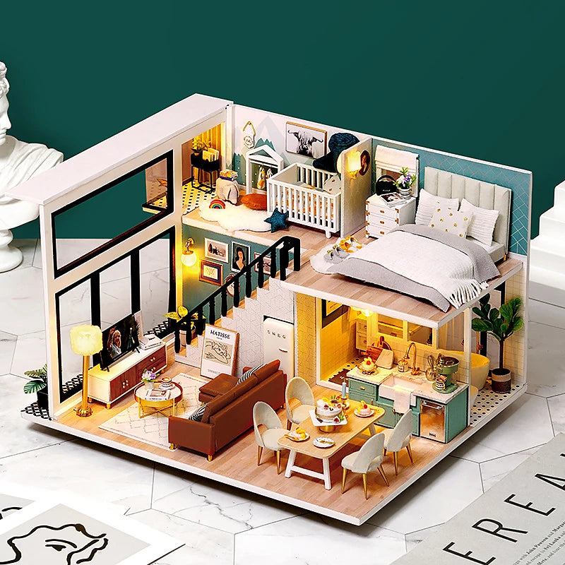Doll House Kit 3D Wooden Mini DollHouse Assembly Building with Furniture Kit Toys