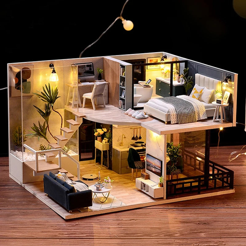 Doll House Kit 3D Wooden Mini DollHouse Assembly Building with Furniture Kit Toys