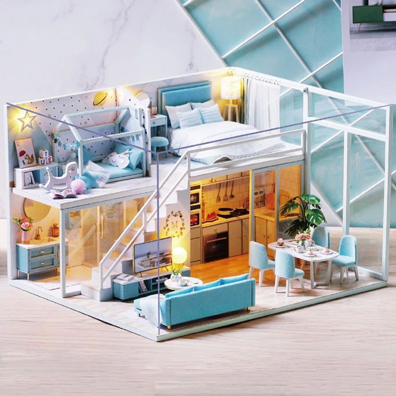 Doll House Kit 3D Wooden Mini DollHouse Assembly Building with Furniture Kit Toys