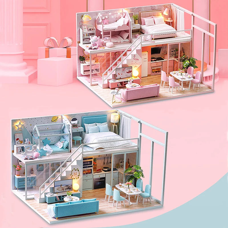 Doll House Kit 3D Wooden Mini DollHouse Assembly Building with Furniture Kit Toys