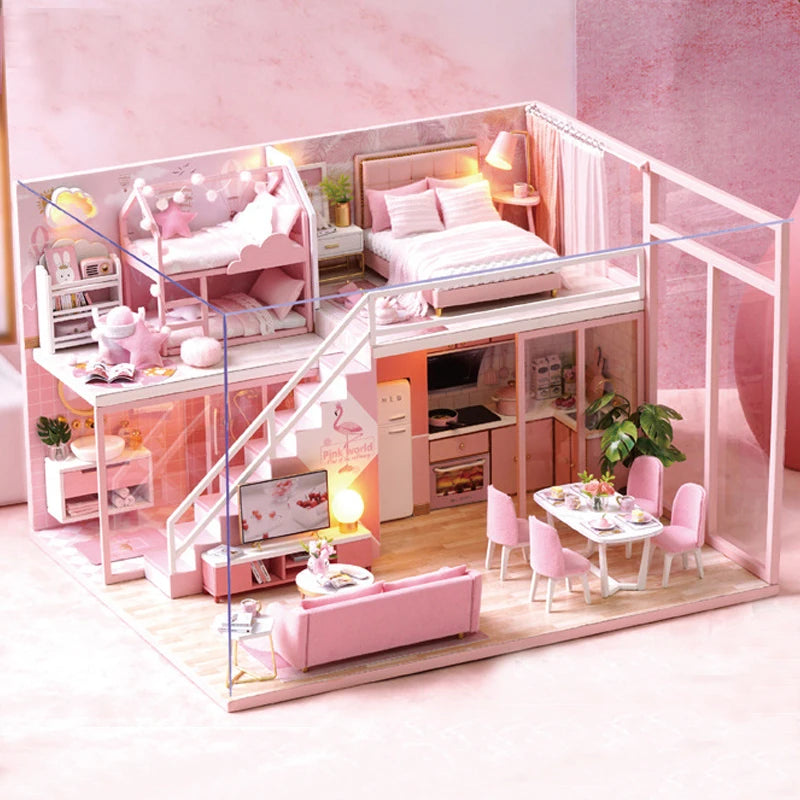 Doll House Kit 3D Wooden Mini DollHouse Assembly Building with Furniture Kit Toys