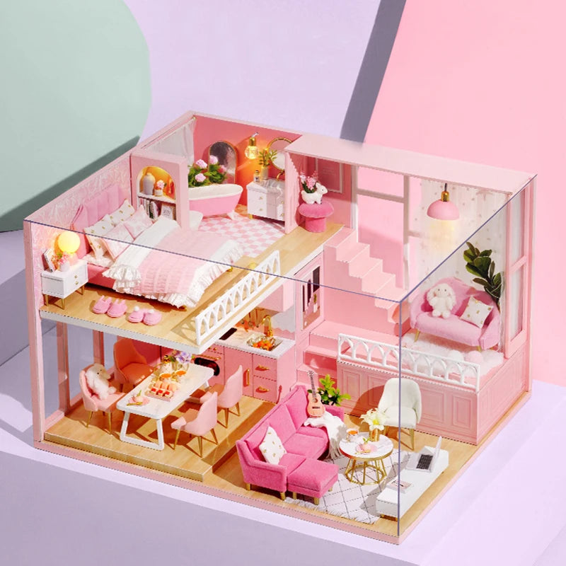 Doll House Kit 3D Wooden Mini DollHouse Assembly Building with Furniture Kit Toys