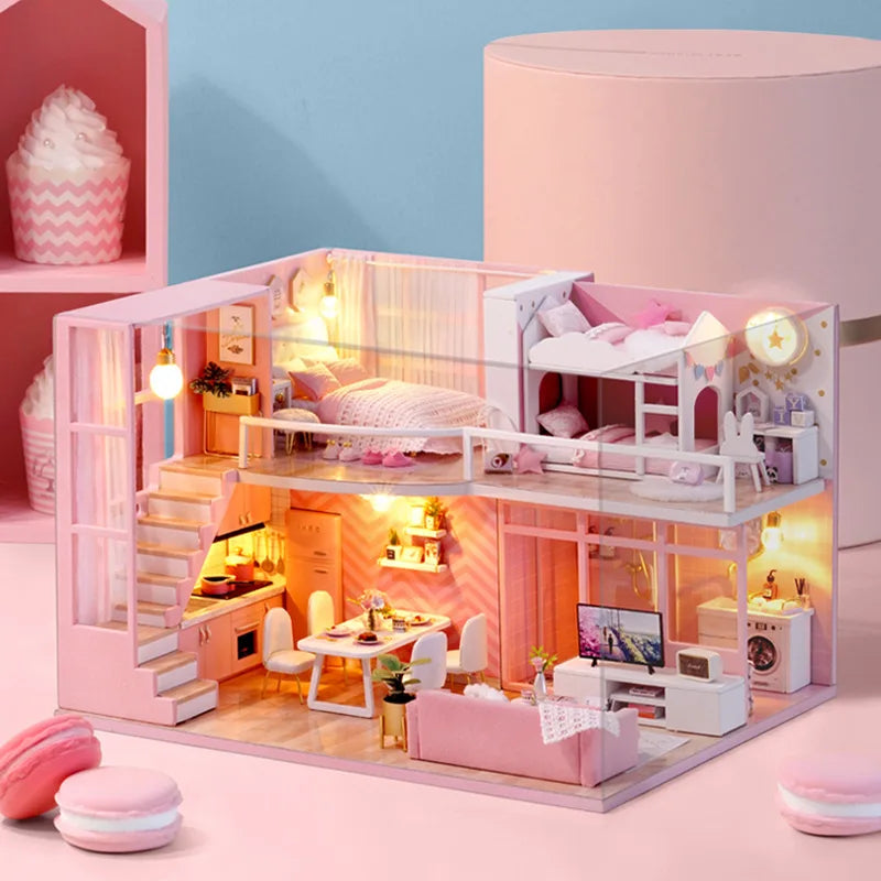 Doll House Kit 3D Wooden Mini DollHouse Assembly Building with Furniture Kit Toys