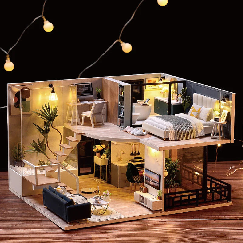 Doll House Kit 3D Wooden Mini DollHouse Assembly Building with Furniture Kit Toys