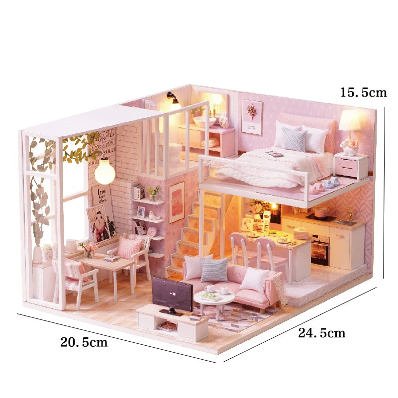 Doll House Kit 3D Wooden Mini DollHouse Assembly Building with Furniture Kit Toys