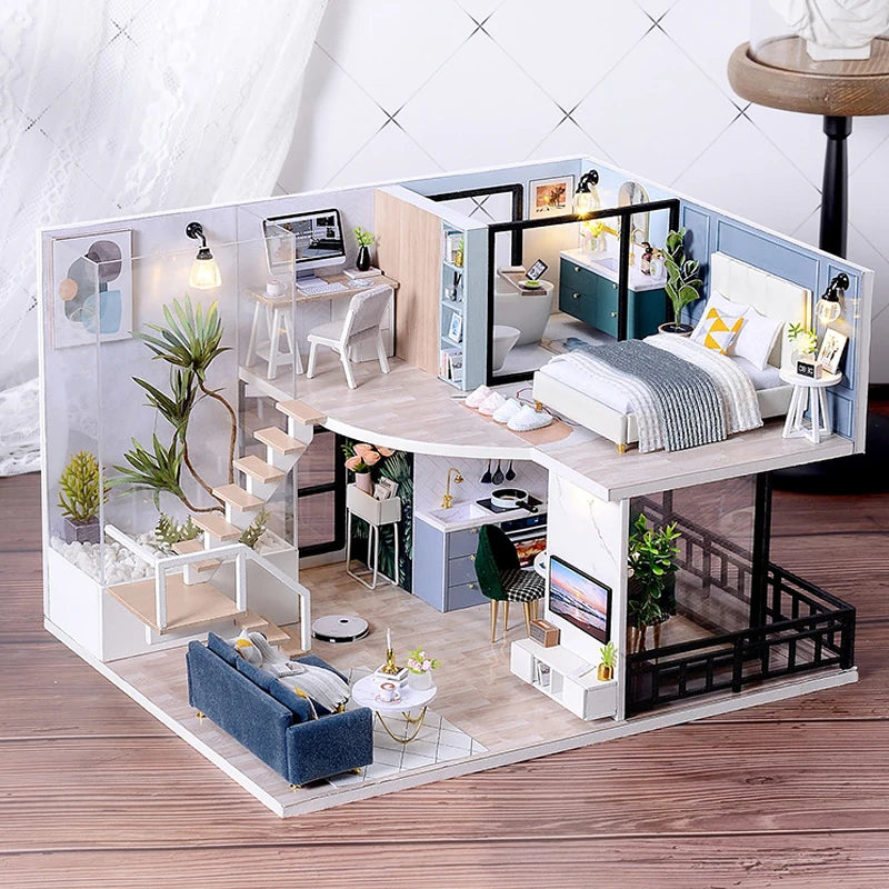 Doll House Kit 3D Wooden Mini DollHouse Assembly Building with Furniture Kit Toys
