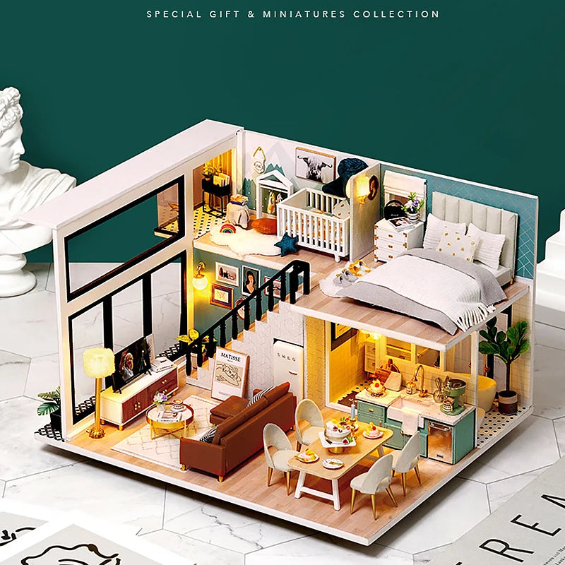 Doll House Kit 3D Wooden Mini DollHouse Assembly Building with Furniture Kit Toys