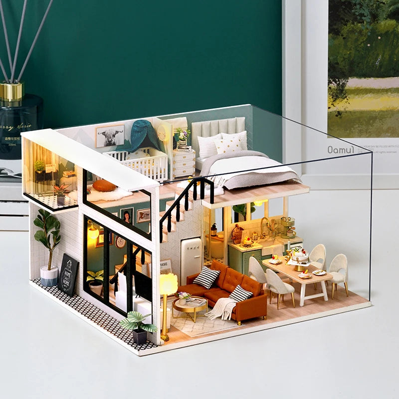 Doll House Kit 3D Wooden Mini DollHouse Assembly Building with Furniture Kit Toys