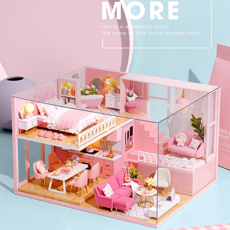 Doll House Kit 3D Wooden Mini DollHouse Assembly Building with Furniture Kit Toys