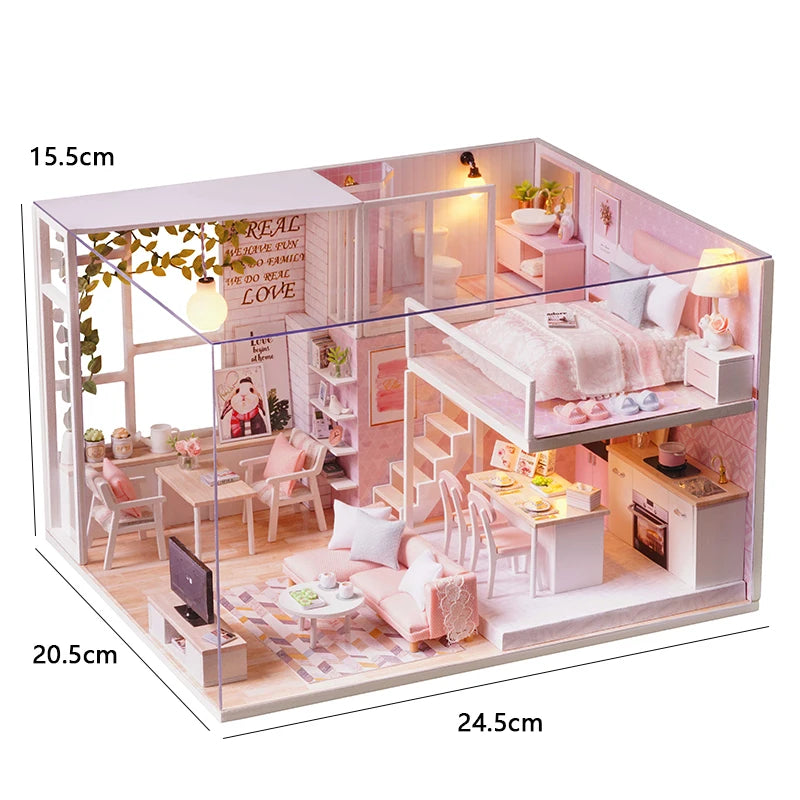 Doll House Kit 3D Wooden Mini DollHouse Assembly Building with Furniture Kit Toys