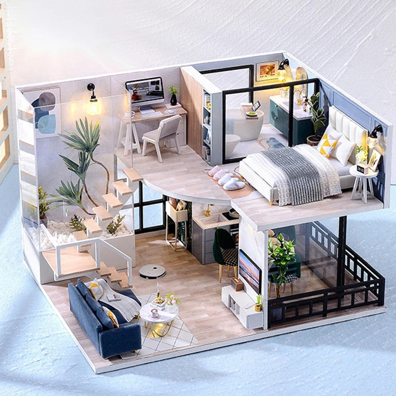 Doll House Kit 3D Wooden Mini DollHouse Assembly Building with Furniture Kit Toys